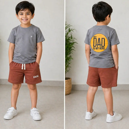 Boys Grey Printed T-Shirt with Rust Shorts Set | “My Dad is My Hero” Back Print | XKIN