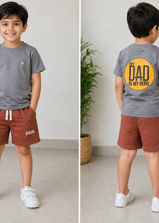 Boys Grey Printed T-Shirt with Rust Shorts Set | “My Dad is My Hero” Back Print | XKIN