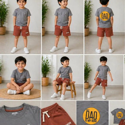 Boys Grey Printed T-Shirt with Rust Shorts Set | “My Dad is My Hero” Back Print | XKIN