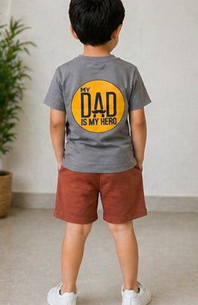 Boys Grey Printed T-Shirt with Rust Shorts Set | “My Dad is My Hero” Back Print | XKIN
