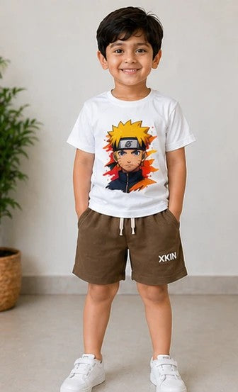 Boys White Anime Printed T-Shirt with Brown Shorts Set | Kids Casual Co-ord Set | XKIN