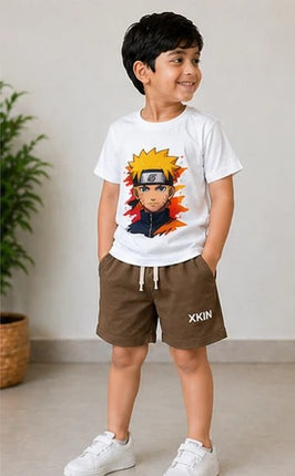 Boys White Anime Printed T-Shirt with Brown Shorts Set | Kids Casual Co-ord Set | XKIN