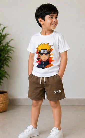 Boys White Anime Printed T-Shirt with Brown Shorts Set | Kids Casual Co-ord Set | XKIN