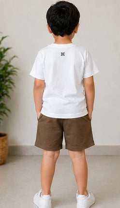 Boys White Anime Printed T-Shirt with Brown Shorts Set | Kids Casual Co-ord Set | XKIN