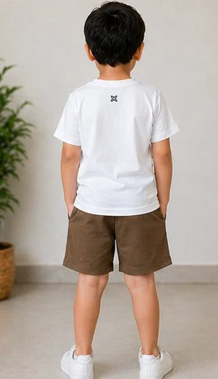Boys White Anime Printed T-Shirt with Brown Shorts Set | Kids Casual Co-ord Set | XKIN