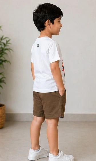 Boys White Anime Printed T-Shirt with Brown Shorts Set | Kids Casual Co-ord Set | XKIN