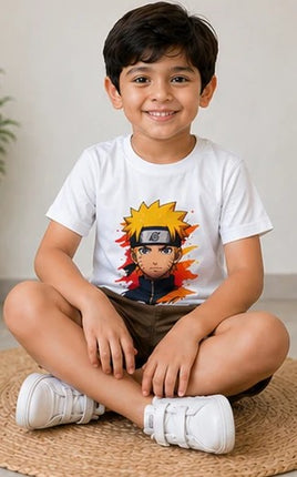 Boys White Anime Printed T-Shirt with Brown Shorts Set | Kids Casual Co-ord Set | XKIN