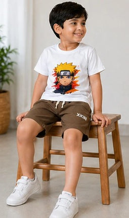 Boys White Anime Printed T-Shirt with Brown Shorts Set | Kids Casual Co-ord Set | XKIN