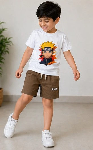 Boys White Anime Printed T-Shirt with Brown Shorts Set | Kids Casual Co-ord Set | XKIN