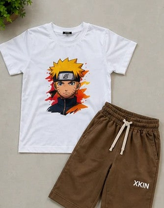Boys White Anime Printed T-Shirt with Brown Shorts Set | Kids Casual Co-ord Set | XKIN