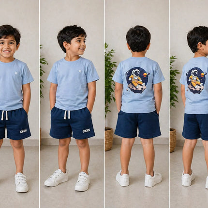 Boys Blue T-Shirt with Astronaut Back Print & Navy Shorts Set | Kids Casual Co-ord Outfit | XKIN