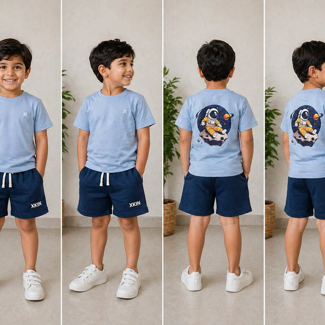 Boys Blue T-Shirt with Astronaut Back Print & Navy Shorts Set | Kids Casual Co-ord Outfit | XKIN
