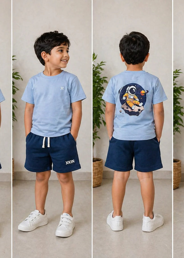 Boys Blue T-Shirt with Astronaut Back Print & Navy Shorts Set | Kids Casual Co-ord Outfit | XKIN