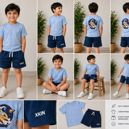Boys Blue T-Shirt with Astronaut Back Print & Navy Shorts Set | Kids Casual Co-ord Outfit | XKIN