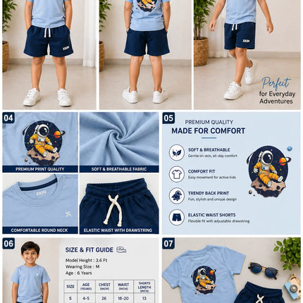 Boys Blue T-Shirt with Astronaut Back Print & Navy Shorts Set | Kids Casual Co-ord Outfit | XKIN