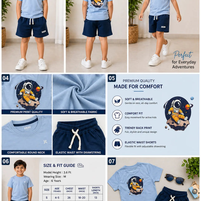 Boys Blue T-Shirt with Astronaut Back Print & Navy Shorts Set | Kids Casual Co-ord Outfit | XKIN