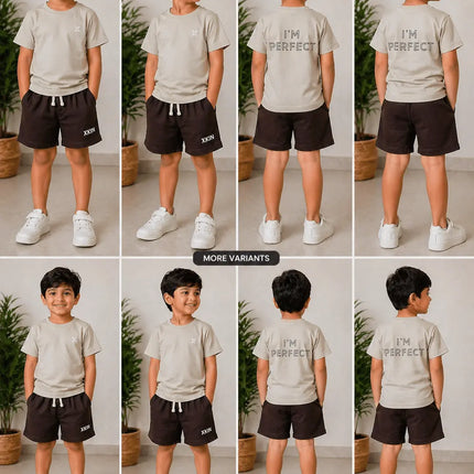 Boys Beige Printed T-Shirt with Dark Brown Shorts Set | “I’M PERFECT” Back Print | XKIN