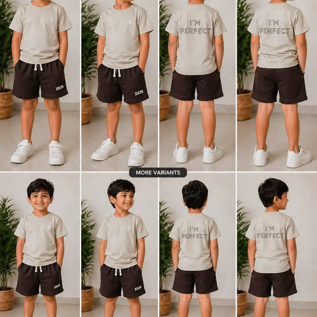 Boys Beige Printed T-Shirt with Dark Brown Shorts Set | “I’M PERFECT” Back Print | XKIN