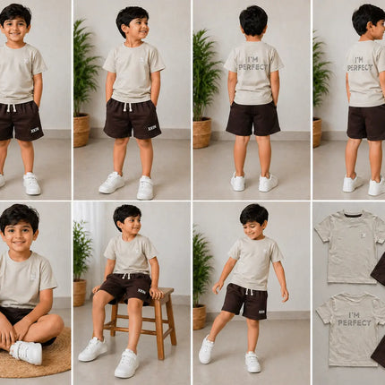 Boys Beige Printed T-Shirt with Dark Brown Shorts Set | “I’M PERFECT” Back Print | XKIN