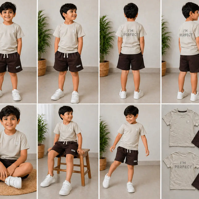 Boys Beige Printed T-Shirt with Dark Brown Shorts Set | “I’M PERFECT” Back Print | XKIN