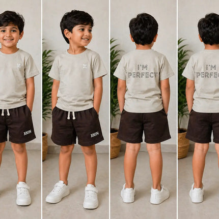 Boys Beige Printed T-Shirt with Dark Brown Shorts Set | “I’M PERFECT” Back Print | XKIN