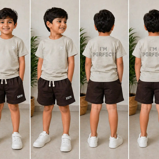 Boys Beige Printed T-Shirt with Dark Brown Shorts Set | “I’M PERFECT” Back Print | XKIN