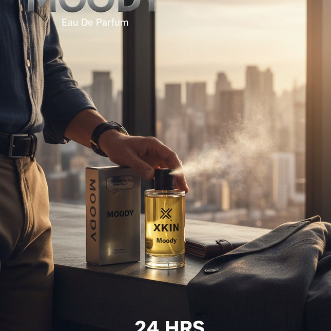 Xkin Moody Eau De Parfum for men, 100ml bottle with silver box. Bold, fresh, masculine scent.