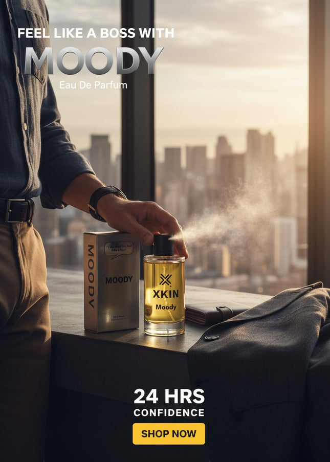 Xkin Moody Eau De Parfum for men, 100ml bottle with silver box. Bold, fresh, masculine scent.