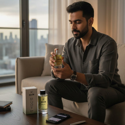 Xkin Moody Eau De Parfum for men, 100ml, with fresh citrus and woody notes in a sleek glass bottle with a black cap.