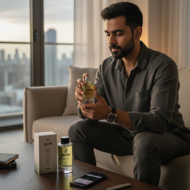 Xkin Moody Eau De Parfum for men, 100ml, with fresh citrus and woody notes in a sleek glass bottle with a black cap.